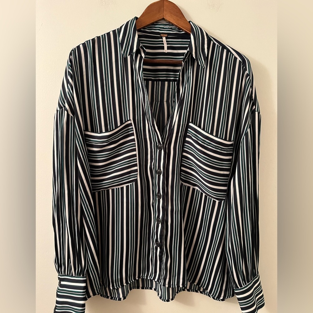 Free People Black and White Vertical Stripe Button-Up Blouse